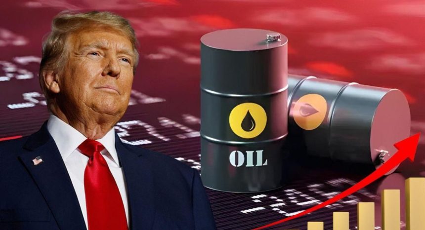 A graphic shows Donald Trump beside oil barrels and a rising arrow, symbolising higher oil prices.