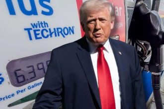Donald Trump in the foreground with a petrol pump nozzle and a fuel price sign showing $6.39 per gallon in the background.
