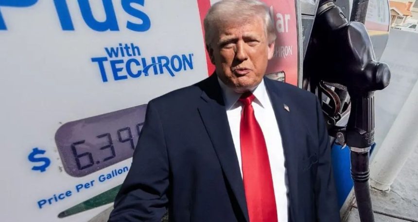 Donald Trump in the foreground with a petrol pump nozzle and a fuel price sign showing $6.39 per gallon in the background.