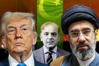 An edited composite image features U.S. President Donald Trump, Pakistan Prime Minister Shehbaz Sharif in the middle, and Iran’s new Supreme Leader Mojtaba Khamanei against a fiery background and a Pakistani flag.