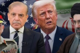 Chief of Army Staff Syed Asim Munir, Prime Minister Shehbaz Sharif, US President Donald Trump, and Iranian Supreme Leader Mojtaba Khamenei standing together.