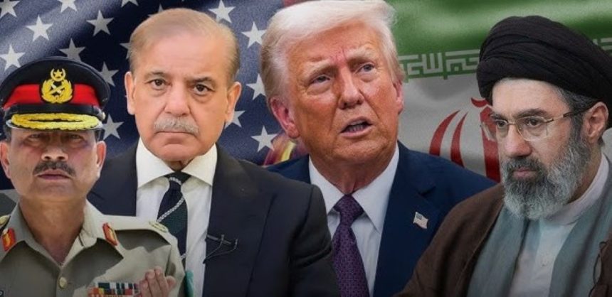 Chief of Army Staff Syed Asim Munir, Prime Minister Shehbaz Sharif, US President Donald Trump, and Iranian Supreme Leader Mojtaba Khamenei standing together.