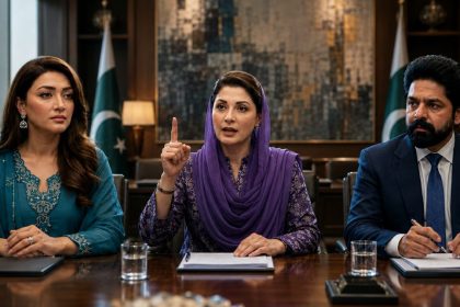 AI-generated image of three public figures seated at a conference table in a formal office setting with Pakistani flags in the background.