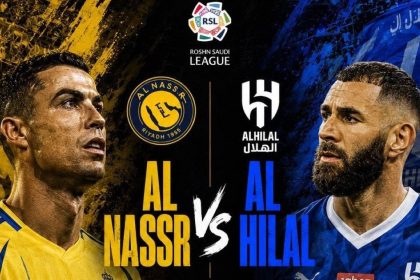 A graphic shows Cristiano Ronaldo for Al Nassr facing Karim Benzema for Al-Nassr Vs Al-Hilal and club logos and Roshn Saudi League branding