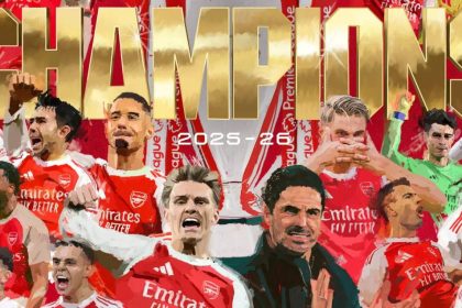 Arsenal players and manager Mikel Arteta appear in a celebratory champions graphic for the 2025–26 Premier League season.