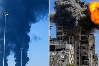 A split-screen image shows thick smoke rising into the sky and flames erupting from an industrial-looking site after a reported drone attack near the Barakah nuclear facility.