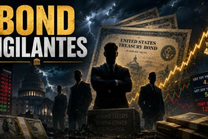 Shadowy suited figures stand before U.S. Treasury bonds, rising yield charts, money stacks and a government building.