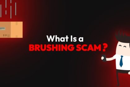 A graphic asks “What Is a Brushing Scam?” beside a falling package and a cartoon person holding a phone.