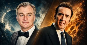 Christopher Nolan and Nicolas Cage shown side by side in a stylized movie-poster graphic.