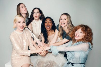 Michelle Williams, Hannah Einbinder, Kathryn Hahn, Jessica Williams, Kristen Bell and Natasha Lyonne pose together at Soho House West Hollywood.