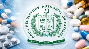 Drug Regulatory Authority of Pakistan emblem surrounded by pills, capsules, medicine bottles and medical graphics.