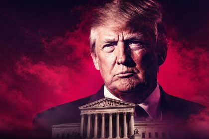 Donald Trump shown in a dramatic editorial graphic with a courthouse building in the foreground.