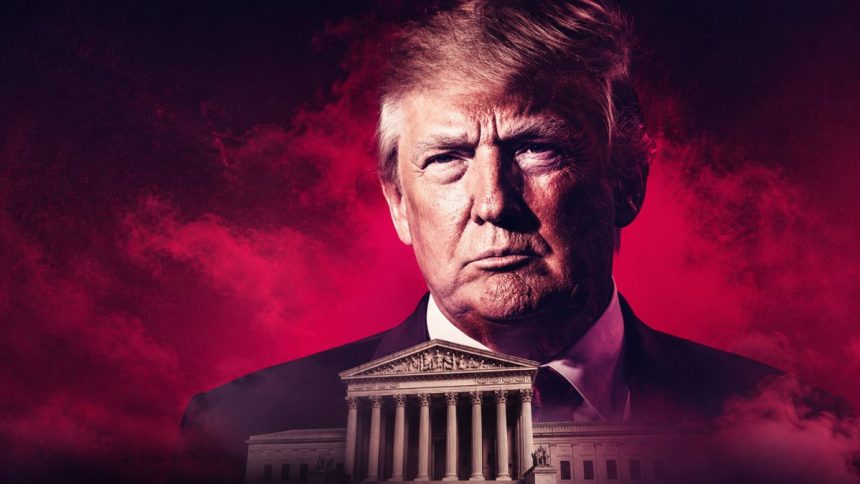 Donald Trump shown in a dramatic editorial graphic with a courthouse building in the foreground.