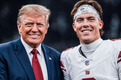 Donald Trump stands beside Jaxson Dart, who is wearing a white football uniform, as both smile for a photo.