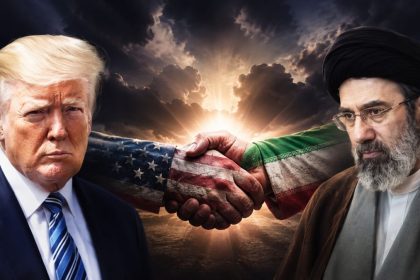 Composite image of Donald Trump and Mojtaba Khamenei with a symbolic U.S.-Iran handshake.