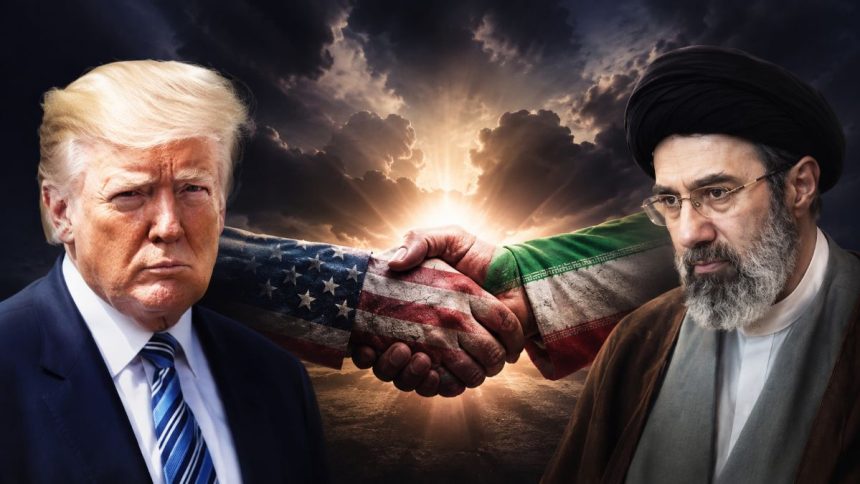 Composite image of Donald Trump and Mojtaba Khamenei with a symbolic U.S.-Iran handshake.