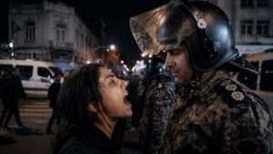 A young woman shouts at a helmeted police officer during a nighttime street confrontation in a screen from Ash Koosha’s AI-generated movie Dreams of Violets.