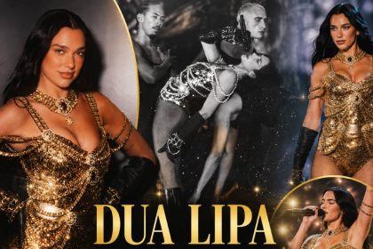 Dua Lipa wears a sparkling gold performance outfit in a collage with concert and backstage images.