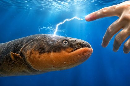 Electric eel underwater with a visible electric shock near a human hand.