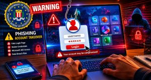 Cybersecurity graphic showing a laptop phishing login screen with FBI warning and Microsoft 365 app icons.