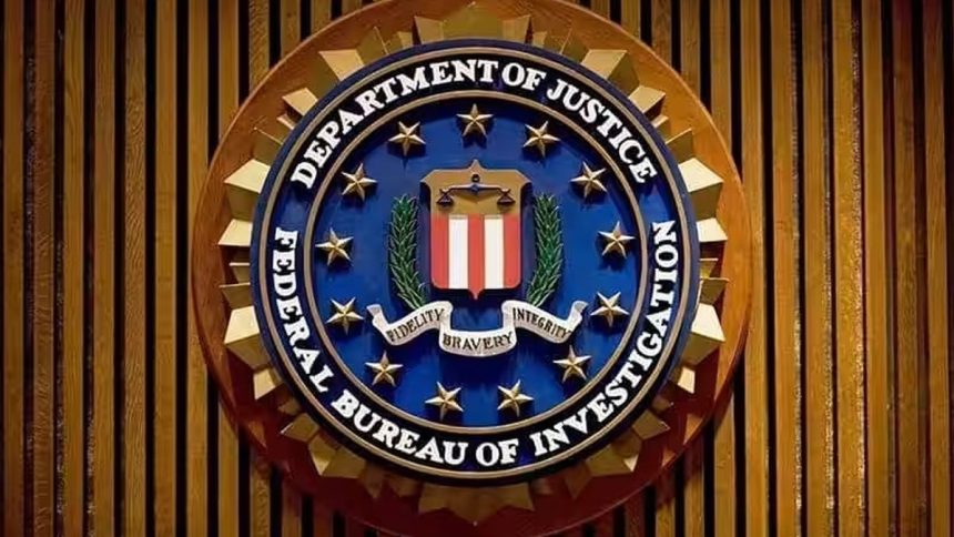 The Federal Bureau of Investigation seal is shown on a wood-paneled wall.