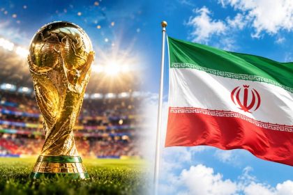 World Cup trophy shown next to the Iranian flag in a stadium-style editorial graphic.