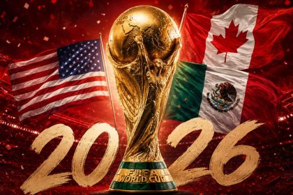 The FIFA World Cup trophy stands in front of Canada, Mexico, and United States flags with large 2026 text in a stadium graphic.