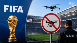 FIFA World Cup graphic with a no-drone sign, a drone, a security guard and a packed stadium in the background.