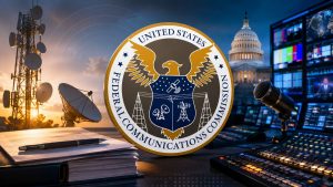 A Federal Communications Commission seal appears with broadcast towers, a microphone, control-room screens, and a government building in the background.