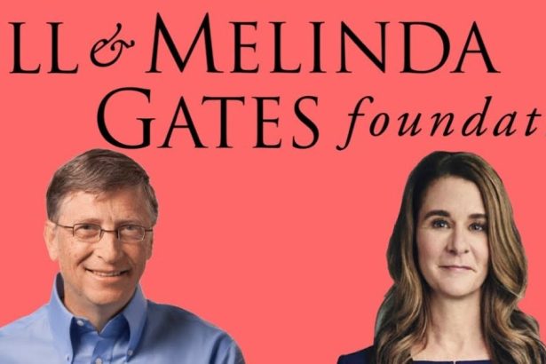 Bill Gates and Melinda French Gates appear below the text “Bill & Melinda Gates Foundation” on a pink background.