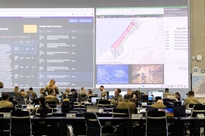 U.S. and Israeli soldiers meet at the Civil Military Coordination Centre in Kiryat Gat, southern Israel.
