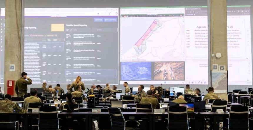 U.S. and Israeli soldiers meet at the Civil Military Coordination Centre in Kiryat Gat, southern Israel.
