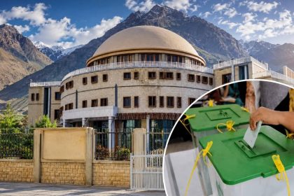 image shows the Gilgit-Baltistan Assembly building and a voter placing a ballot in a ballot box.