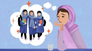 Illustration of a girl in a headscarf looking thoughtful while imagining three schoolgirls holding books.