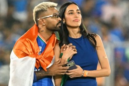 Hardik Pandya stands with Mahieka Sharma on the field after India’s victory over New Zealand in the 2026 ICC Men’s T20 Cricket World Cup final.