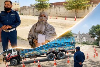 Humaira Naseer stands near a traffic official and a heavy transport vehicle during an HTV driving test in Rawalpindi.