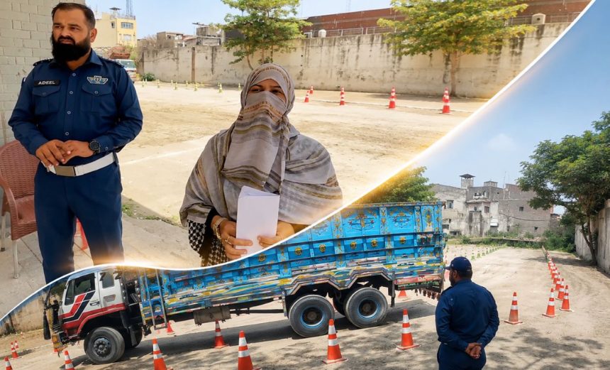 Humaira Naseer stands near a traffic official and a heavy transport vehicle during an HTV driving test in Rawalpindi.