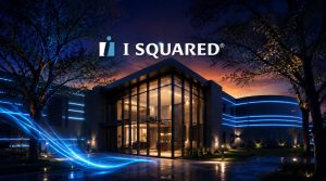 I Squared Capital logo displayed over a futuristic office building illuminated with blue lights at dusk.