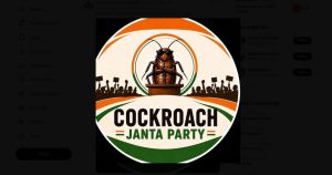 Satirical circular logo reading “Cockroach Janta Party,” with a cockroach at a podium and crowd silhouettes in Indian flag colors.