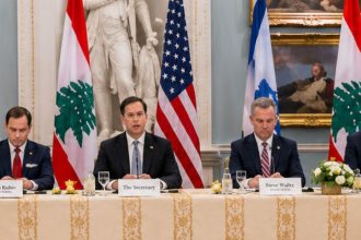 US officials and delegates from Israel and Lebanon attend diplomatic talks at the US State Department in Washington on May 15, 2026.