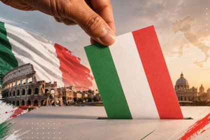 Hand placing an Italian tricolor ballot into a voting box with Italy’s flag, landmarks and map in the background.