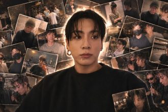 BTS singer Jungkook is shown in a central portrait surrounded by shuffled Instagram vlog-style snapshots.