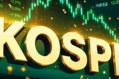Large gold KOSPI text with green stock market candlestick charts and financial data graphics in the background.