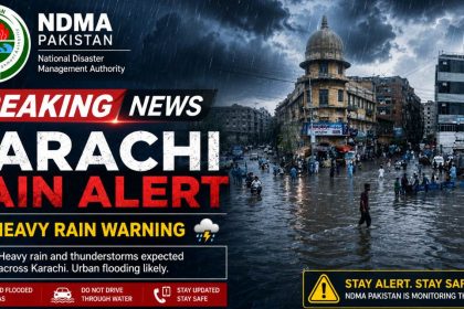 A Karachi rain alert graphic shows NDMA Pakistan branding, heavy rain warnings and a flooded city street during stormy weather.