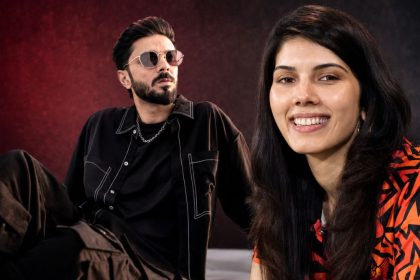 Kaviya Maran and Anirudh Ravichander appear side by side in a stylized graphic with a dark red background.
