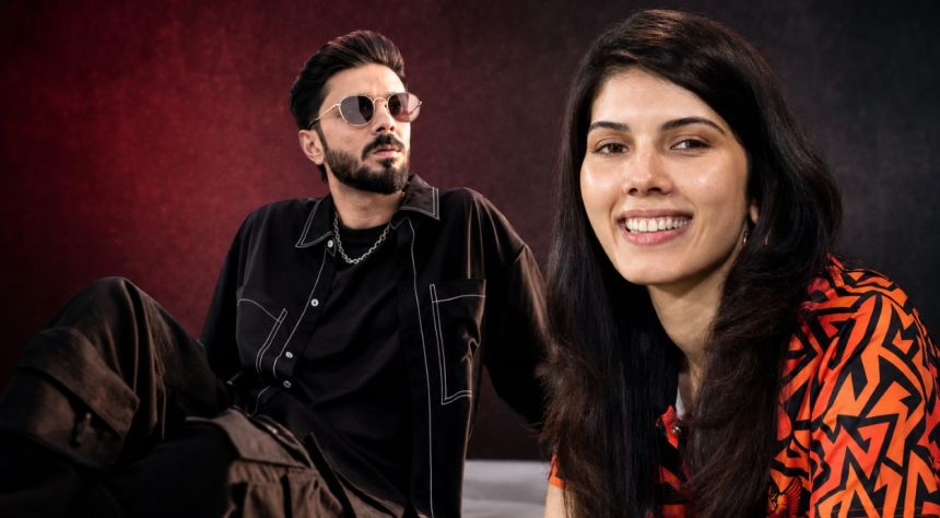 Kaviya Maran and Anirudh Ravichander appear side by side in a stylized graphic with a dark red background.