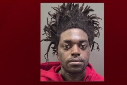 Kodak Black faces the camera in a mugshot-style portrait, wearing a red hoodie with his hair styled upward against a dark red background.