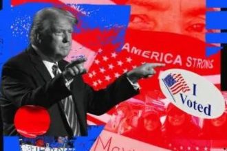 Donald Trump shown in a red, white and blue election graphic with an I Voted sticker.