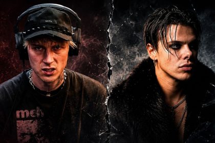 Machine Gun Kelly and Yungblud appear side by side in a dark promotional-style graphic with smoke and cracked-glass effects.