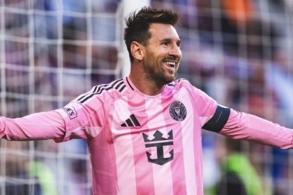 Lionel Messi celebrates with his arms outstretched after scoring for Inter Miami against Cincinnati on May 14, 2026.